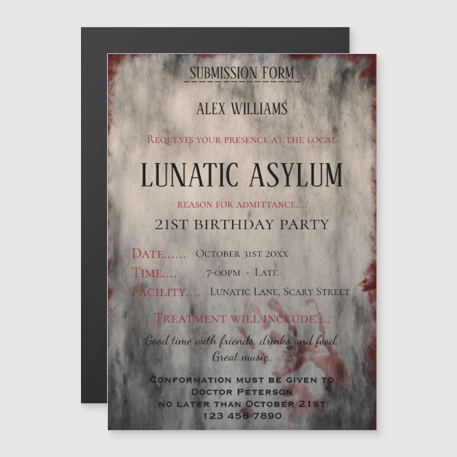 Invitación Magnética Cumpleaños de Halloween de Asilo Lunático (Anverso/Reverso)