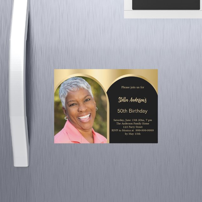 Invitación Magnética cumpleaños de la foto de oro negro (Subido por el creador)