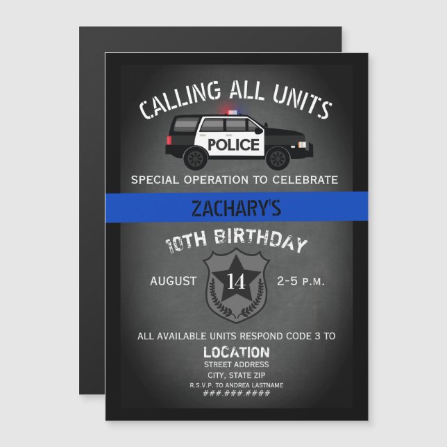 Invitación Magnética Cumpleaños de la Línea Azul delgada de la policía (Anverso/Reverso)