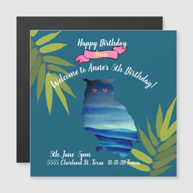 Invitación Magnética Cumpleaños de Owl (Anverso/Reverso)