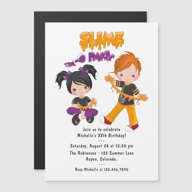 Invitación Magnética Cumpleaños del Fiesta de Guay Slime (Anverso/Reverso)