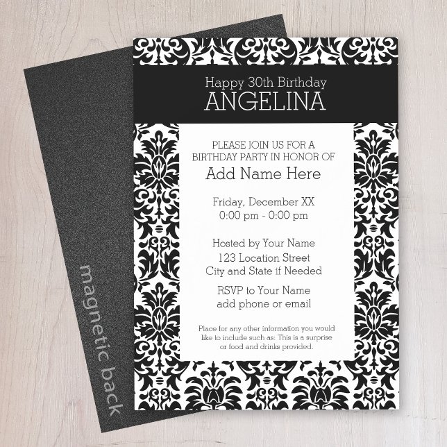 Invitación Magnética Cumpleaños feliz con Damasco blanco y negro de mod (Black lace birthday party invitation - magnetic back)