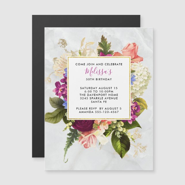 Invitación Magnética Cumpleaños floral en acuarela rosa y blanco modern (Anverso/Reverso)