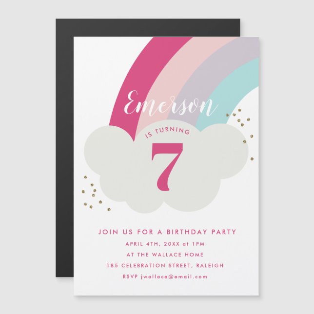 Invitación Magnética Cumpleaños infantil arcoiris nube unicornio (Anverso/Reverso)