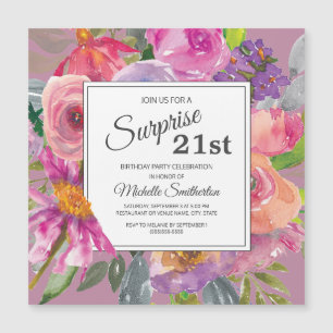 Invitación Magnética Cumpleaños número 21 con flores silvestres rosadas