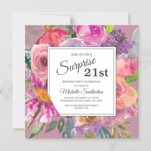 Invitación Magnética Cumpleaños número 21 con flores silvestres rosadas (Anverso)