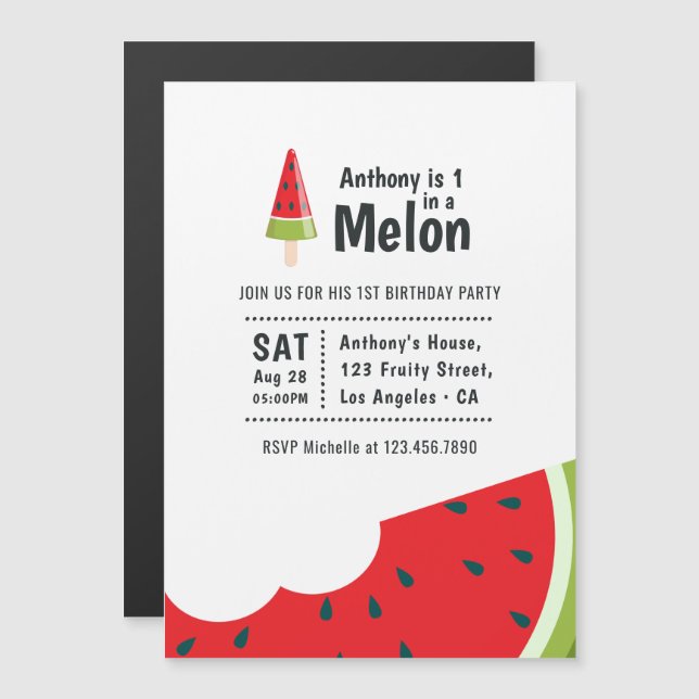 Invitación Magnética Cumpleaños número uno con tema de sandía (Anverso/Reverso)