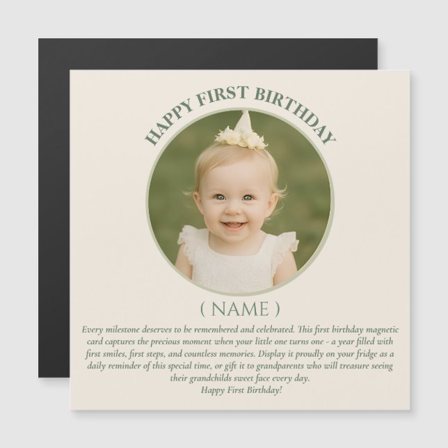 Invitación Magnética Custom Photo First Birthday Sage Green Thin Magnet (Anverso/Reverso)