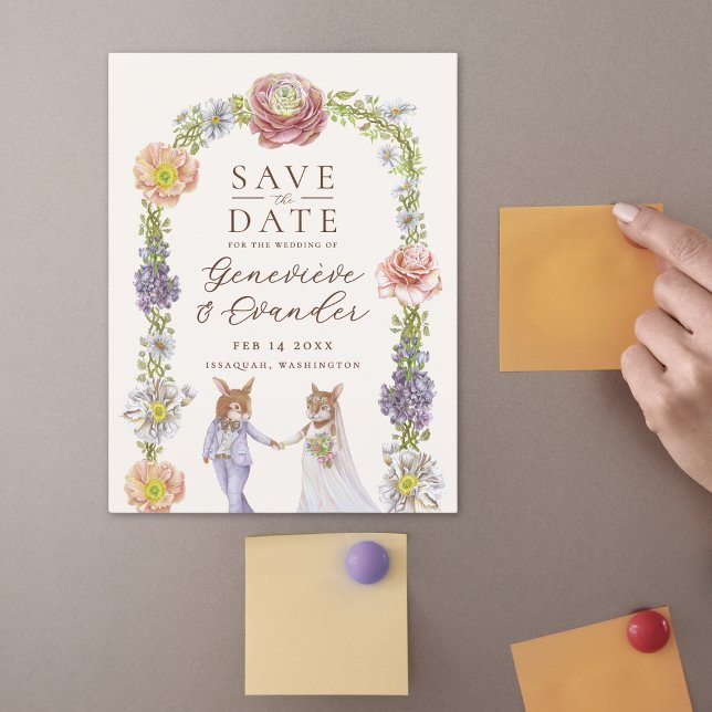 Invitación Magnética Cute Boho Bunny Love Floral Wedding Save the Date (Illustrated bunny rabbit themed wedding save the date magnetic cards with watercolor flowers)