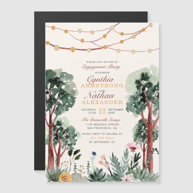 Invitación Magnética Cute Green Botanes Trees Floral Engagement Party (Anverso/Reverso)