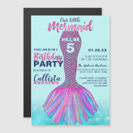Invitación Magnética Cute Mint Blue Pink Mermaid Tail Purpurina Cumplea