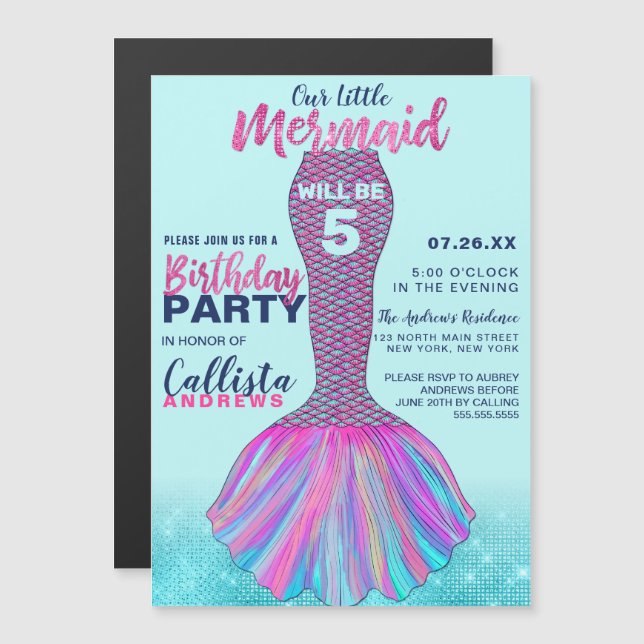 Invitación Magnética Cute Mint Blue Pink Mermaid Tail Purpurina Cumplea (Anverso/Reverso)