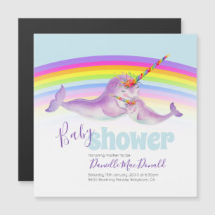Invitación Magnética Cute narwhal rainbow baby ducha