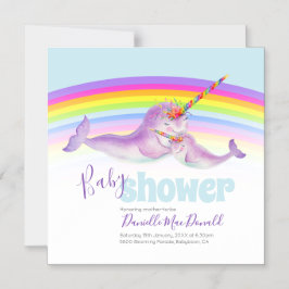 Invitación Magnética Cute narwhal rainbow baby ducha