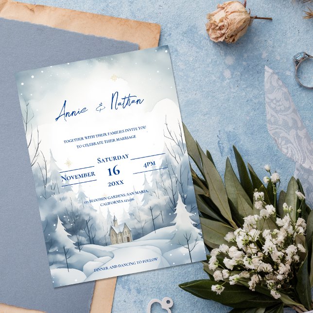 Invitación Magnética Cute Snowy Landscape Winter Wedding (Cute Snowy Landscape Winter Wedding Magnetic Invitation)