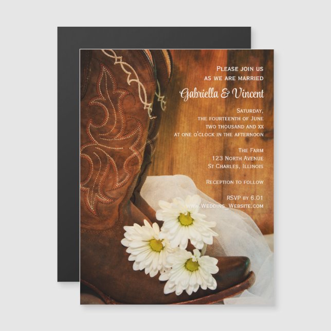 Invitación Magnética Daisies blancos y vaquero bota a Boda occidental (Anverso/Reverso)