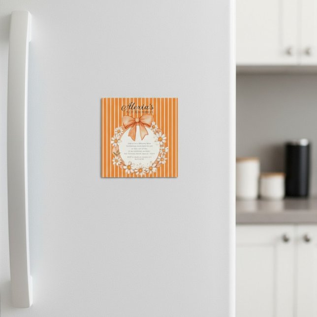Invitación Magnética Daisy Wreath Orange Stripe Birthday Thin Magnetic  (Subido por el creador)