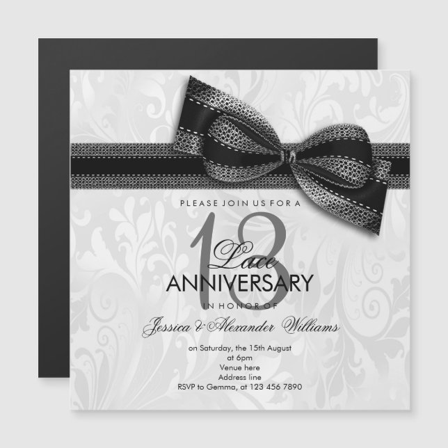 Invitación Magnética Damasco del 13° Aniversario del Boda de Lace y Fau (Anverso/Reverso)