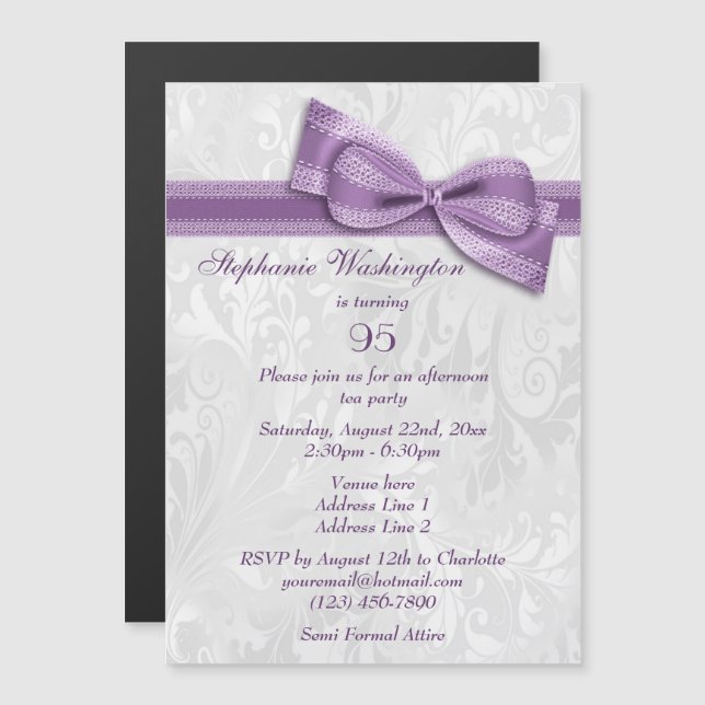 Invitación Magnética Damask de cumpleaños 95 y Faux Bow (Anverso/Reverso)