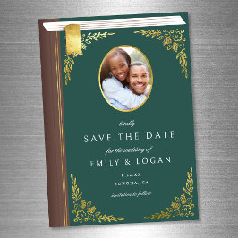 Invitación Magnética Dark Green Gold Book Wedding Save The Date Card