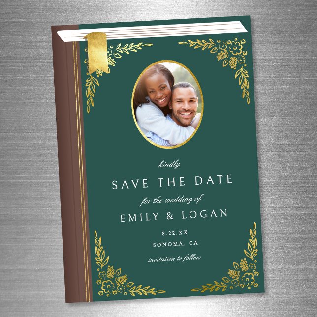 Invitación Magnética Dark Green Gold Book Wedding Save The Date Card (Subido por el creador)