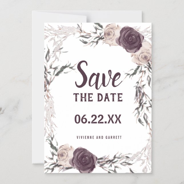 Invitación Magnética Dark Purple Rubor Pink Floral Save the Date (Anverso)