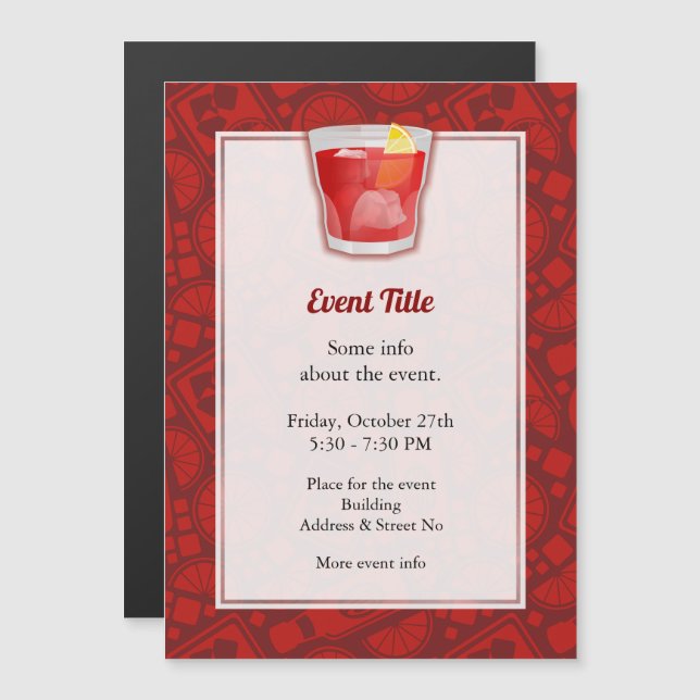 Invitación magnética de cóctel Negroni (Anverso/Reverso)