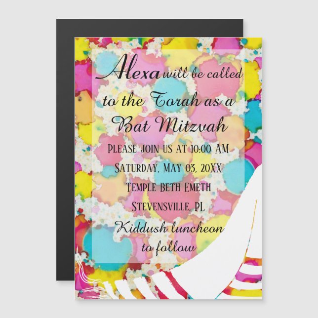 Invitación magnética de fiesta de Bar o Bat Mitzva (Anverso/Reverso)