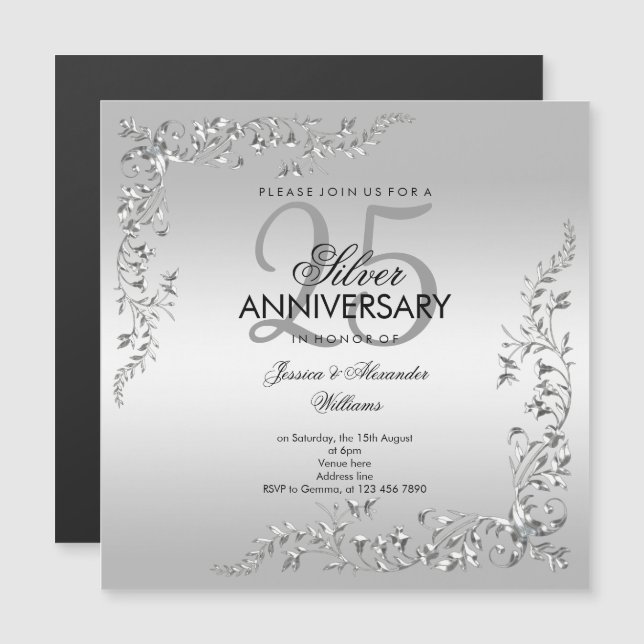 Invitación Magnética Decoración de Plata Elegante para Aniversario de B (Anverso/Reverso)