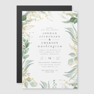 Invitación Magnética Delicadas hojas verdes y Boda de ramas de oro
