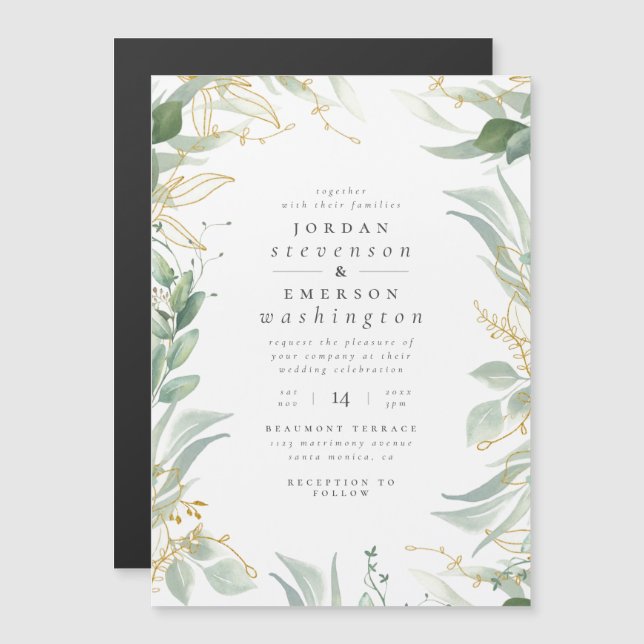 Invitación Magnética Delicadas hojas verdes y Boda de ramas de oro (Anverso/Reverso)