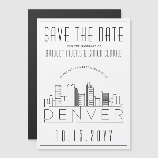 Invitación Magnética Denver Boda | Estilizado Skyline Guardar la fecha (Anverso/Reverso)