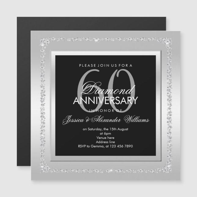 Invitación Magnética Diamantes Románticos Plata Aniversario de Bodas nú (Anverso/Reverso)