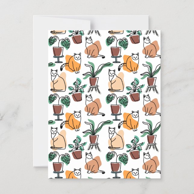 Invitación Magnética Dibujo en línea de gatos y flores (Anverso)