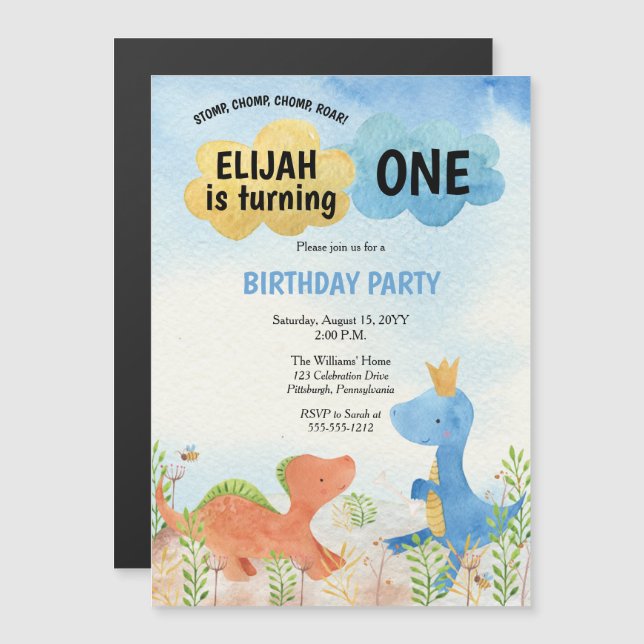 Invitación Magnética Dinosaurios Cutes Jugando Niño Primer Cumpleaños (Anverso/Reverso)