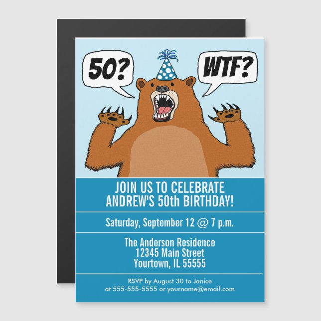 Invitación Magnética Divertido cumpleaños específico del oso WTF (Anverso/Reverso)