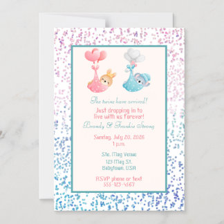 Invitación Magnética Doble Baby Shower de Niño y Niña Cigüeña Rosa y Az