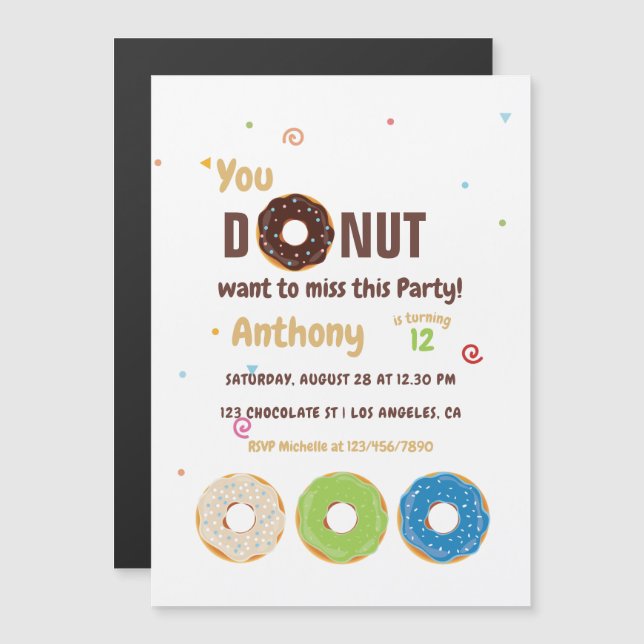 Invitación Magnética Donut Birthday Party (Anverso/Reverso)