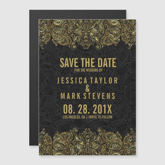 Invitación Magnética Dorado Y Negro Paisley Lace & Damask (Anverso/Reverso)