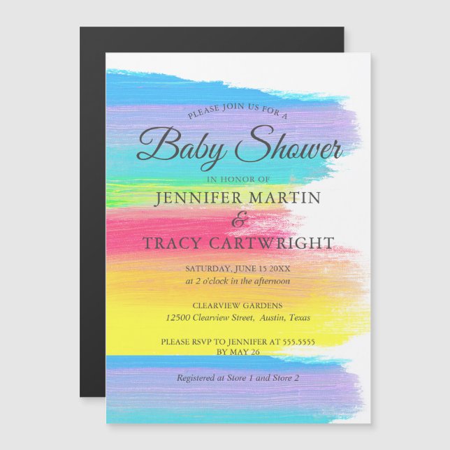 Invitación Magnética Dos mamás en el arco iris bello Baby Shower lesbia (Anverso/Reverso)