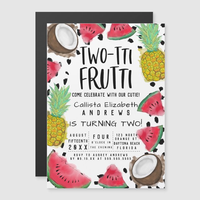 Invitación Magnética Dos tti Frutti Cute Fruit acuarela 2º cumpleaños (Anverso/Reverso)