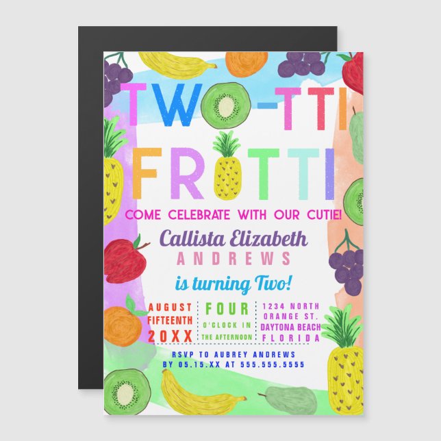 Invitación Magnética Dos-tti Frutti Frutas Pintadas Coloridas 2do Cumpl (Anverso/Reverso)