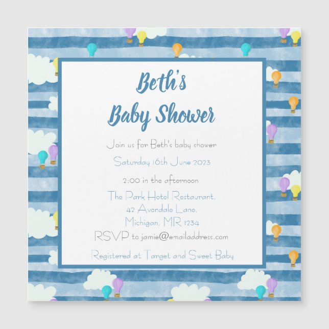 Invitación Magnética Ducha de bebé, azul, globo de aire caliente (Anverso)