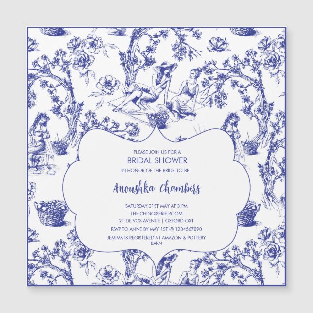 Invitación Magnética Ducha de novios Blue and White Toile de Jouy (Anverso)