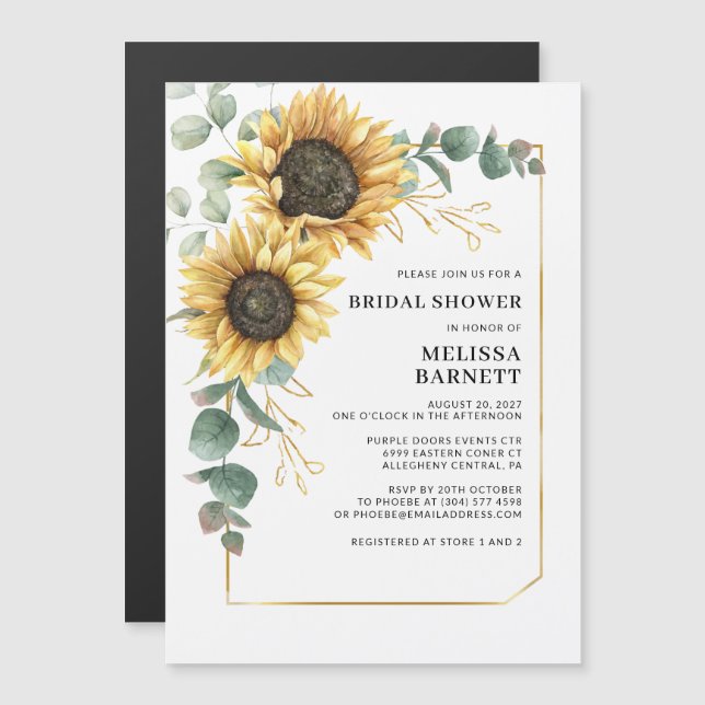 Invitación Magnética Ducha nupcial floral de girasol Eucalyptus (Anverso/Reverso)