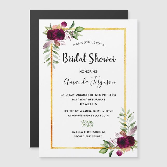 Invitación Magnética Ducha nupcial florals dorado boho burgundy (Anverso/Reverso)