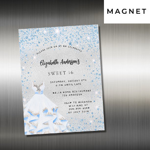 Invitación Magnética Dulce 16 brillo azul plateado fiesta lujo