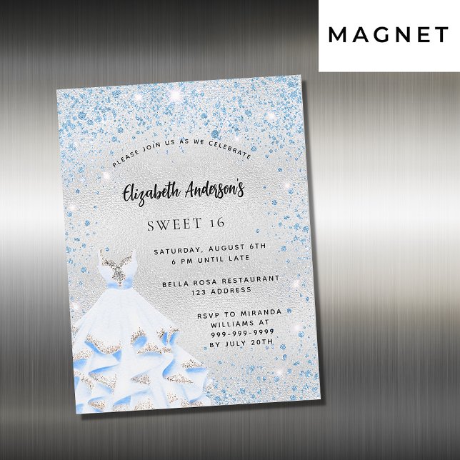 Invitación Magnética Dulce 16 brillo azul plateado fiesta lujo (Subido por el creador)
