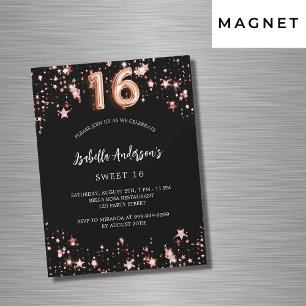 Invitación Magnética Dulce 16 estrellas de oro rosa negro de lujo