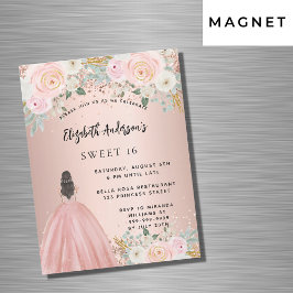 Invitación Magnética Dulce 16 flores de oro rosa vestido de lujo